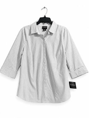 Liz Claiborne Career Stretch White Gray Pinstripes Button Up 3/4 Sleeves Blouse